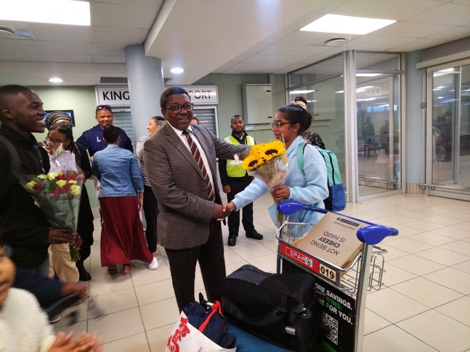 Silver medallist, Kiyara Tami Swartbooi arrives at the King Phalo Airport