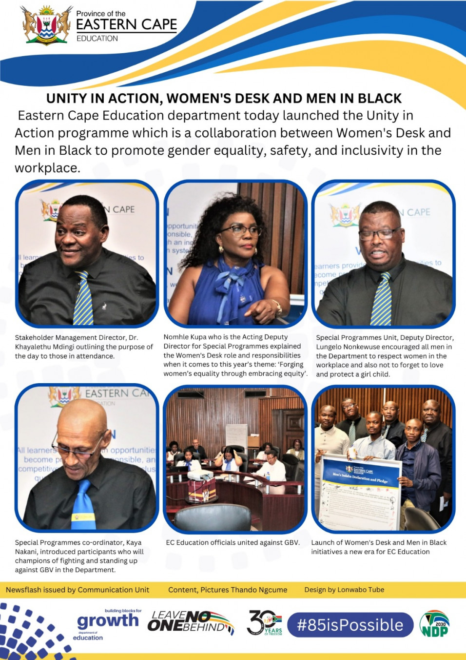 Unity in action, women's desk and men in black